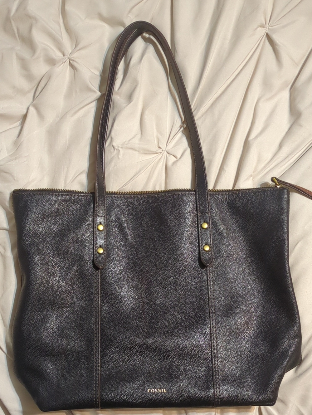 Fossil Black Leather Tote with Gold Accents